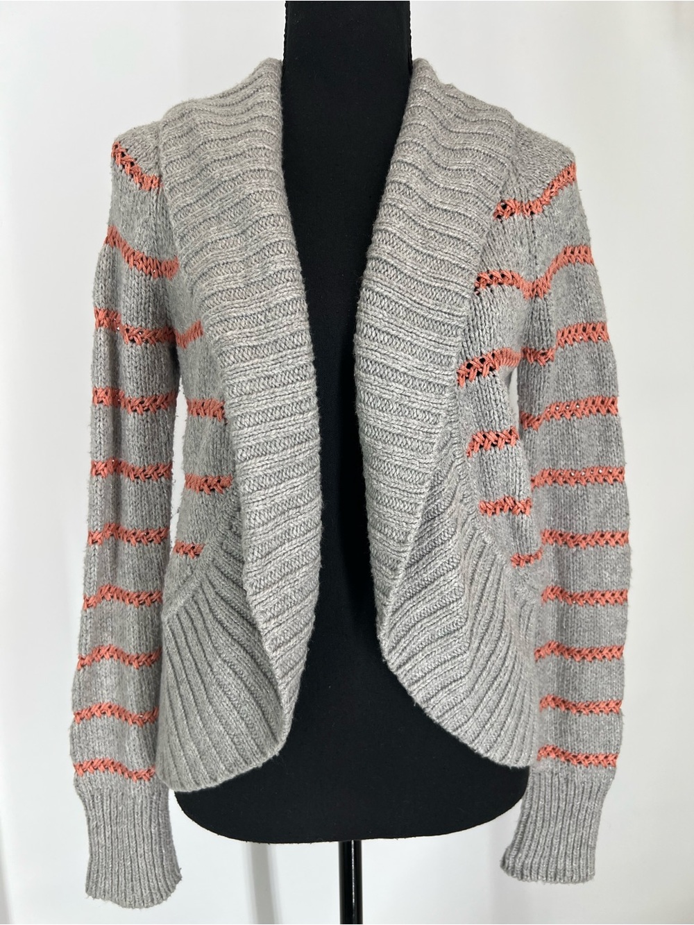 American Eagle Outfitters Gray Sweater Cardigan with Coral Stripe Accents‎